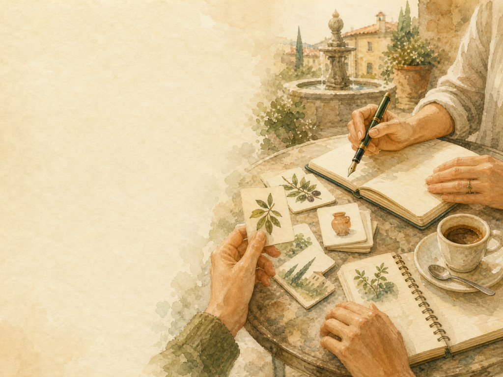 ita-con-zita-private-lesson-watercolor Akvarelles magánóra jelenet olasz tanulókártyákkal